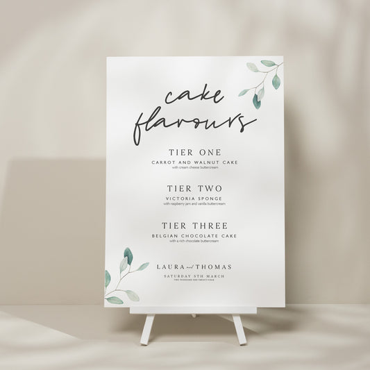 Wedding Cake Flavour Sign, Cake Menu Wedding Sign, Botanical Wedding Signage, Greenery Cake Sign, Minimalist Wedding 'Laura'