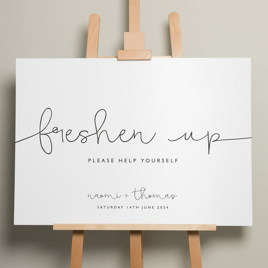 Script Calligraphy Wedding Freshen Up Sign, Bathroom Wedding Signage, Bathroom Basket Sign, Simple Wedding Sign 'Naomi'
