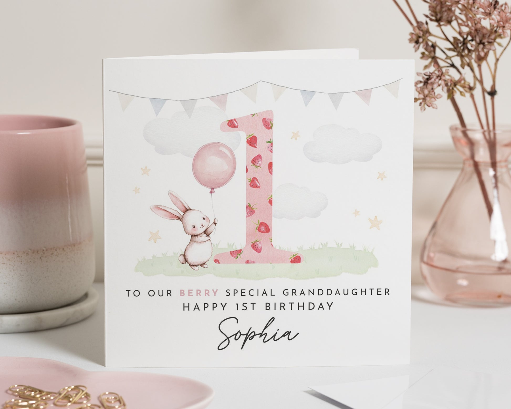 1st Birthday Card for Granddaughter, Berry Special Granddaughter Card, Personalised Bunny Birthday Card, First Birthday Card for Girl
