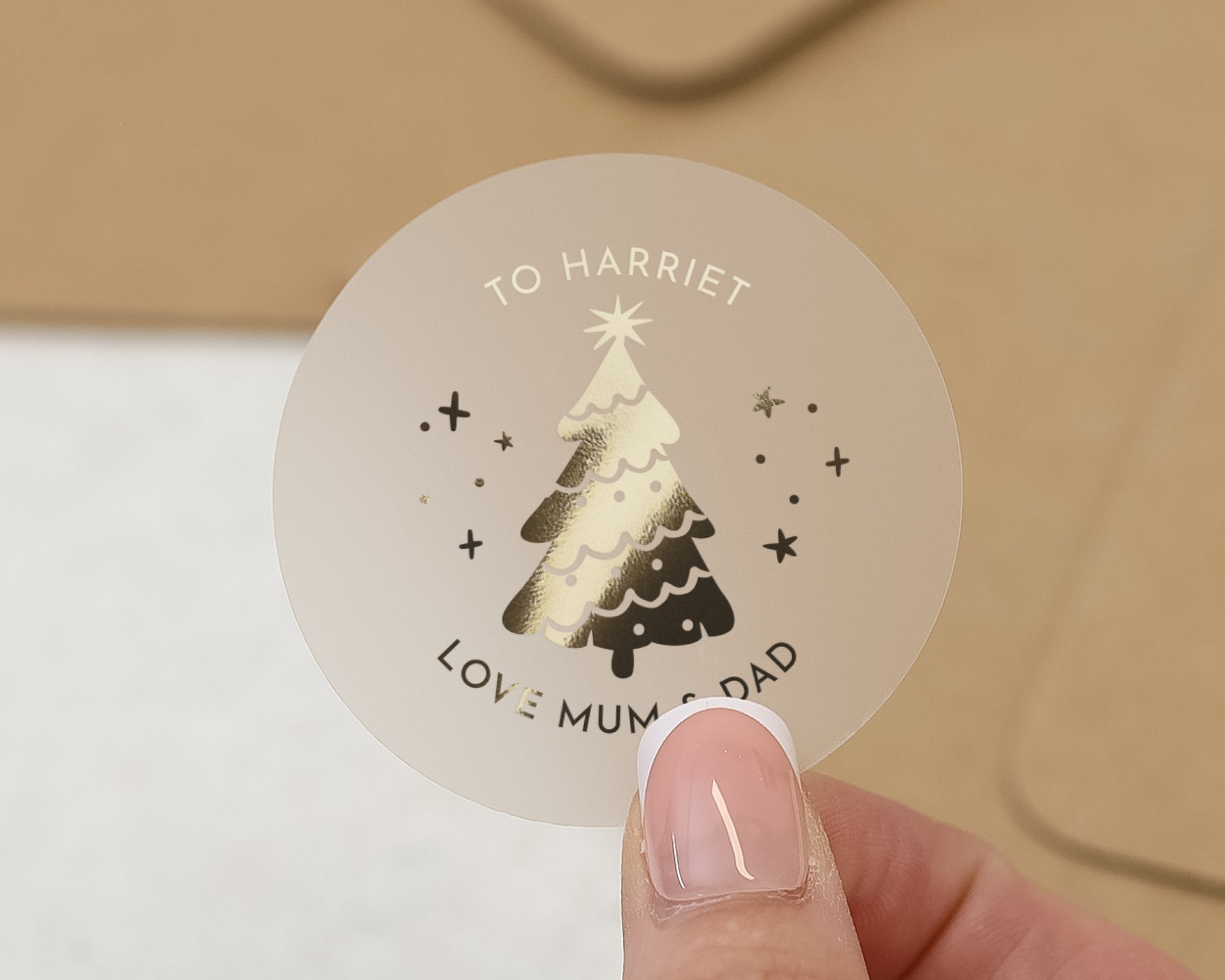 Personalised Christmas Sticker, Gold Foil Christmas Tree Sticker, Custom Name Gift Label, Christmas Sticker for Kids, Mum Dad Gift Tag