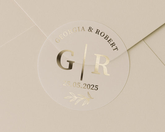 Wedding Envelope Seal, Personalised Wedding Sticker, Initials and Date, Custom Wedding Seal, Gold Foil Wedding Sticker