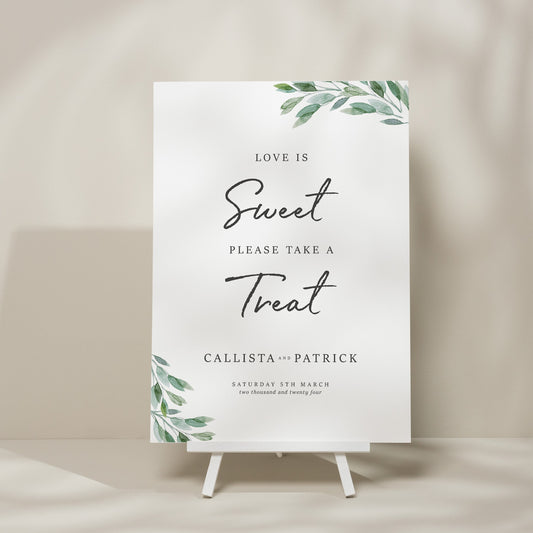 Botanical Greenery Wedding Sweet Table Sign, Sweet Station Wedding Sign, Take A Treat Wedding Sign, Wedding Signage, Foliage 'Callista'