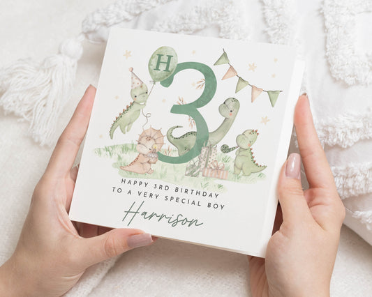 3rd Birthday Card for Boy, Dinosaur Birthday Card, Personalised Birthday Card for Son, Cute Birthday Card for Kids