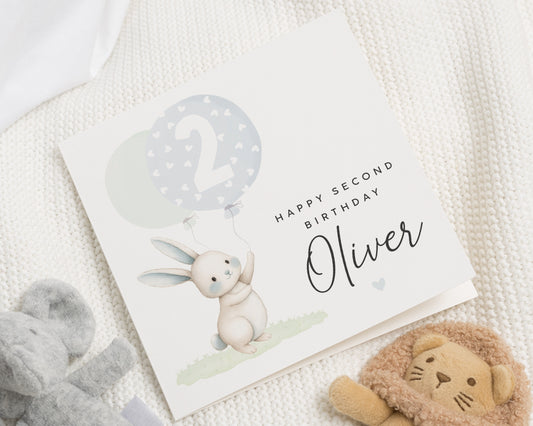 2nd Birthday Card for Boy, Personalised Bunny Birthday Card, Second Birthday Card, Birthday Card for Son, Cute Animal Birthday Card