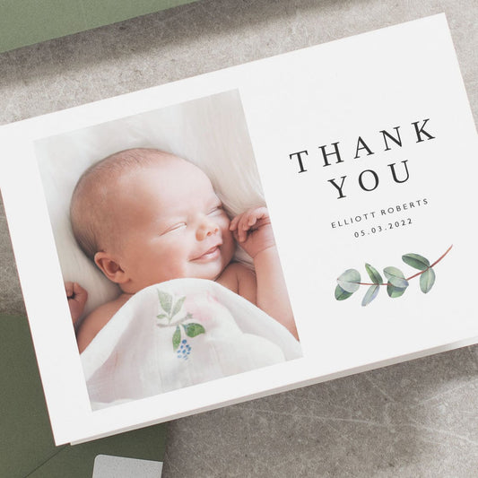 Baby Thank You Cards, Folded, Personalised Baby Thank Yous, Greenery Baby Thank You Card With Envelopes, Photo Thank You Card 'Elliot'