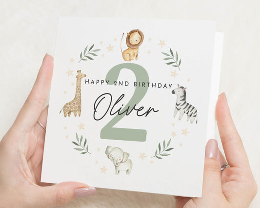 2nd Birthday Card for Boy, Personalised Safari Birthday Card, Birthday Card for Son, Animal Birthday Card, Cute Birthday Card for Kids