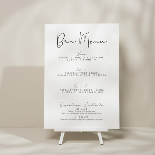 Elegant Simple Wedding Bar Menu Sign, Modern Wedding Sign, Minimalistic Wedding Drink Menu List Sign, Modern Wedding Stationery 'Olivia'