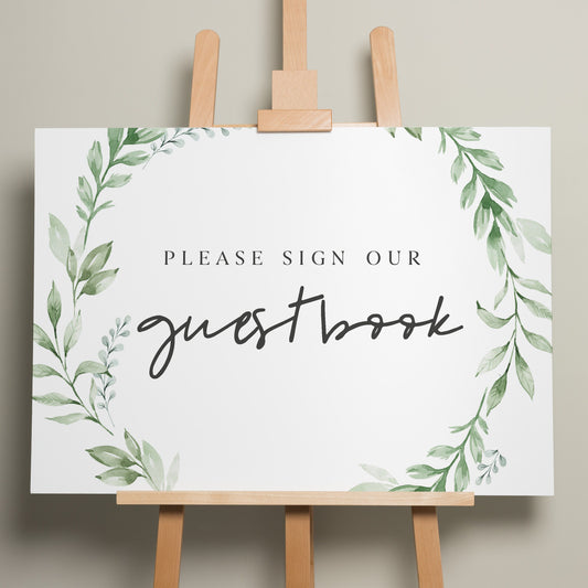 Greenery Wedding Guest Book Sign, Sign Our Guest Book Wedding Sign, Guests Wedding Sign, Minimalist Wedding Signage, Foliage Design 'Amelia'