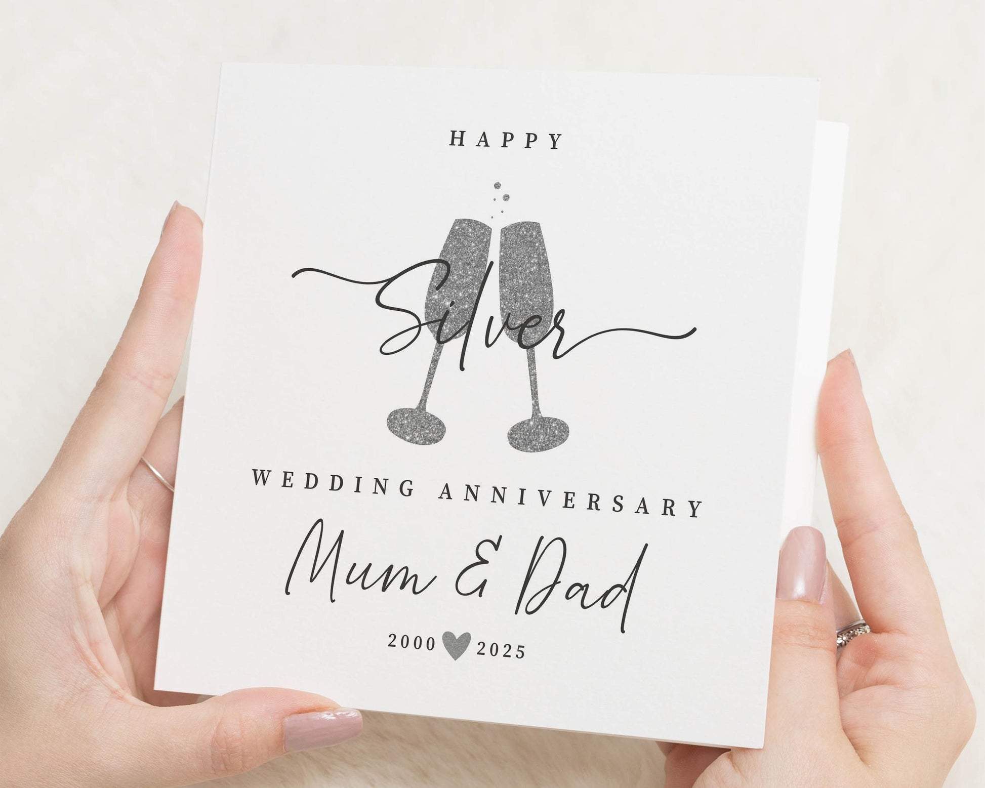 Silver Wedding Anniversary Card for Mum and Dad, 25th Anniversary Card, Personalised Anniversary Card, Champagne Glasses Card