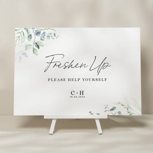 Botanical Greenery Wedding Freshen Up Sign, Bathroom Basket Wedding Sign, Foliage Wedding Design, Minimalist Wedding Signage 'Charlotte'