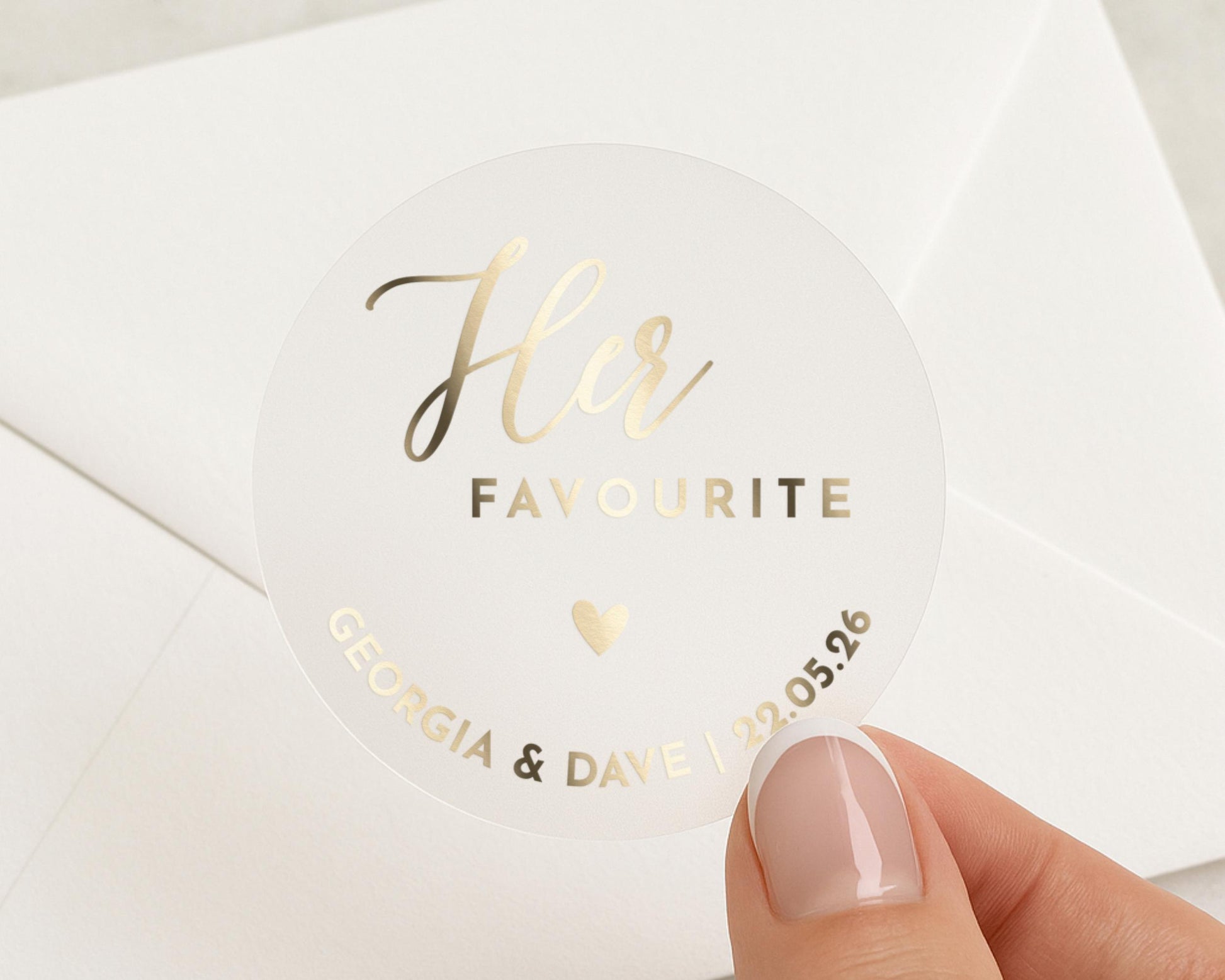 Her Favourite Wedding Sticker, Personalised Gold Foil Sticker, Custom Envelope Seal, Wedding Favour Label, Bride Sticker