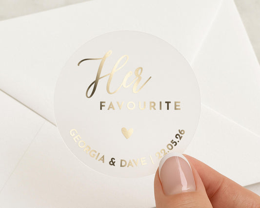 Her Favourite Wedding Sticker, Personalised Gold Foil Sticker, Custom Envelope Seal, Wedding Favour Label, Bride Sticker