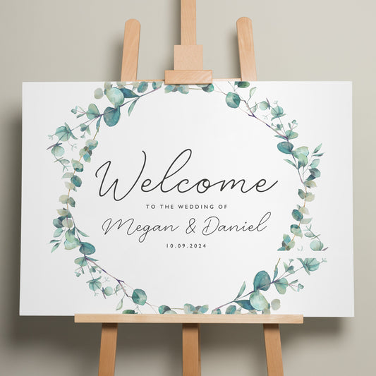 Floral Wreath Wedding Ceremony Sign, Simple Welcome Sign, Wedding Welcome Sign, Personalised Welcome Sign, Greenery Wedding Design 'Megan'