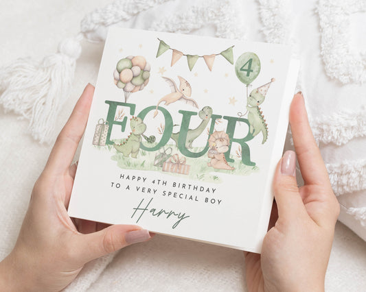 4th Birthday Card for Boy, Dinosaur Birthday Card, Personalised Birthday Card for Son, Four Year Old Birthday Card, Cute Kids Card