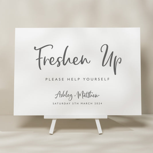 Script Wedding Freshen Up Sign, Bathroom Basket Wedding Signage, Minimalist Wedding Sign, Toiletries Wedding Sign, Modern Sign 'Ashley'
