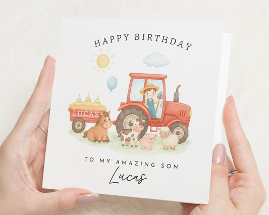Birthday Card for Son, Personalised Tractor Birthday Card, Farm Animal Birthday Card, Birthday Card for Boy, Cute Kids Birthday Card