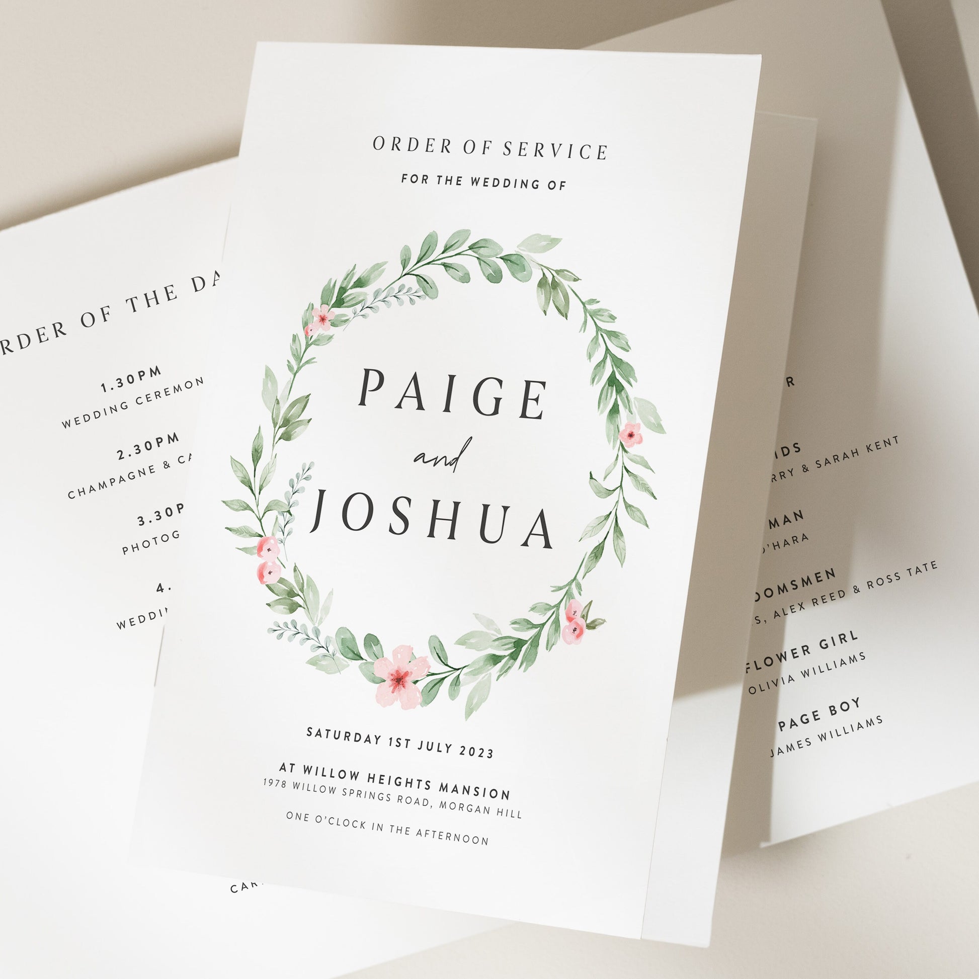 Floral Order Of Service, Modern Wedding Booklet, Blush Pink Wedding Ceremony Booklets, Elegant Wreath Wedding Ceremony Program 'Paige'