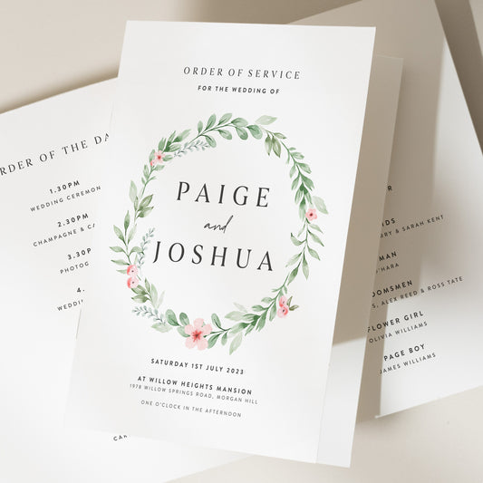 Floral Order Of Service, Modern Wedding Booklet, Blush Pink Wedding Ceremony Booklets, Elegant Wreath Wedding Ceremony Program 'Paige'