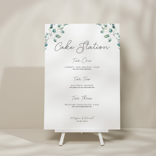 Greenery Wreath Wedding Cake Menu Sign, Botanical Cake Station Wedding Sign, Eucalyptus Wedding Sign, Greenery Cake Flavour Sign 'Megan'