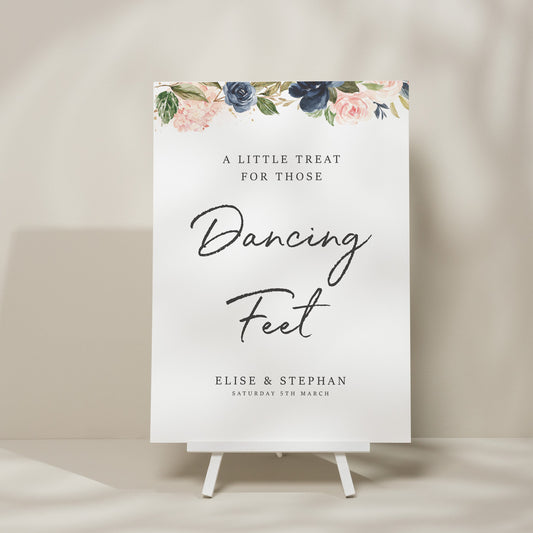 Floral Wedding Sign For Flip Flops, Dancing Feet Wedding Sign, Blush Pink And Navy Wedding Sign, Wedding Help Yourself Sign, Modern 'Elise'