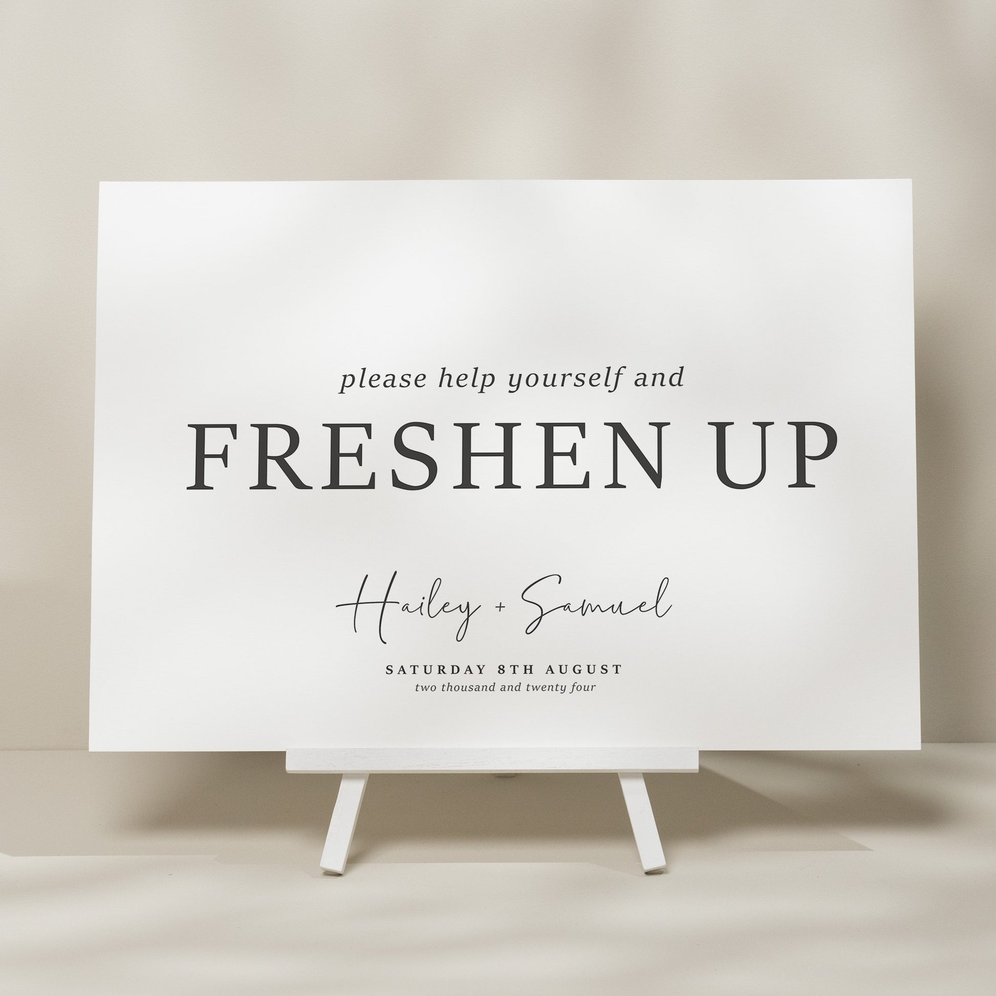 Simple Modern Wedding Bathroom Basket Sign, Freshen Up Wedding Sign, Simple Wedding Bathroom Sign, Wedding Signage 'Hailey'