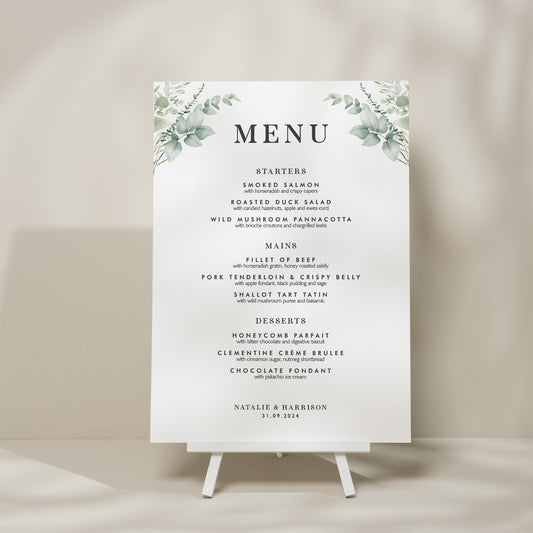 Custom Foliage Food Menu Wedding Sign, Botanical Menu Wedding Sign, Minimalist Wedding Design, Greenery Wedding Signage 'Natalie'