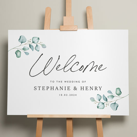 Greenery Wedding Ceremony Sign, Eucalyptus Welcome Sign, Wedding Welcome Sign, Personalised Welcome Sign, Foliage Wedding Design 'Stephanie'