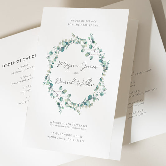 Wreath Botanical Wedding Service Program, Greenery Order Of Service For Wedding Day, Foliage Order Of The Day, A5 Booklet 'Megan'