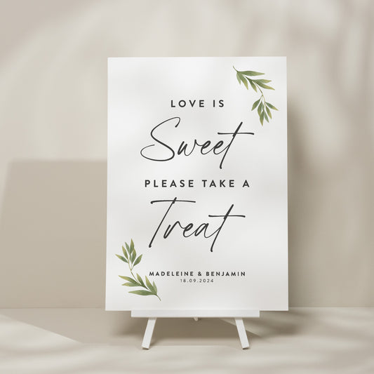 Greenery Wedding Sweet Table Sign, Minimalist Wedding Signage, Botanical Sweet Station Sign, Take A Treat Wedding Sign 'Madeleine'