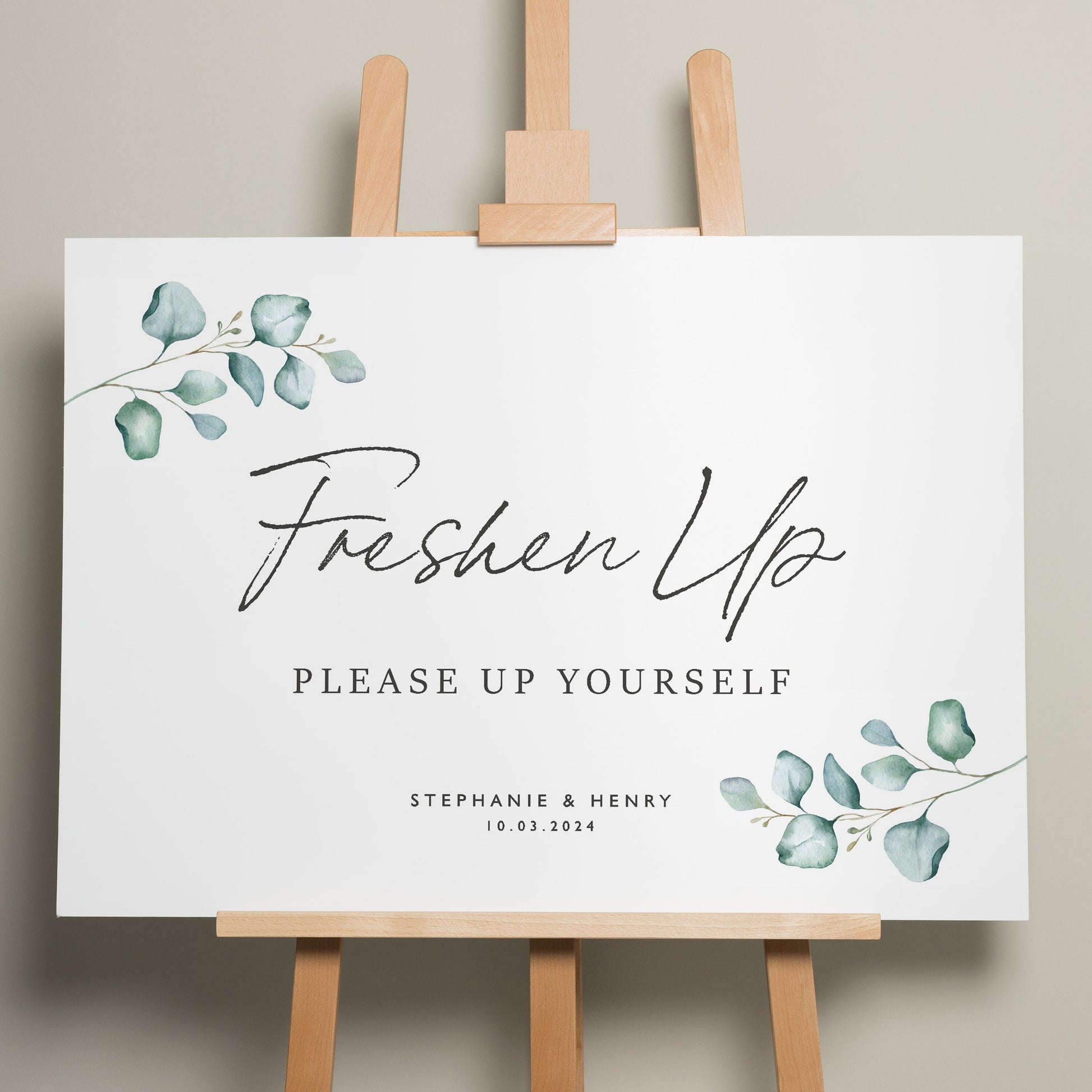Eucalyptus Wedding Freshen Up Sign, Bathroom Basket Wedding Sign, Help Yourself Sign For Wedding, Personalised Modern Sign 'Stephanie'