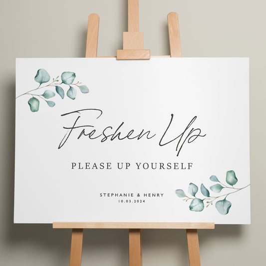 Eucalyptus Wedding Freshen Up Sign, Bathroom Basket Wedding Sign, Help Yourself Sign For Wedding, Personalised Modern Sign 'Stephanie'