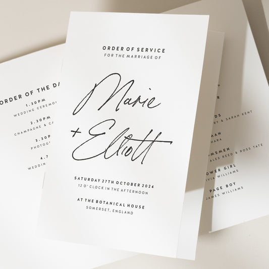 Modern Order Of Service Booklet, Simple Order Of The Day Programme, Minimalist Wedding Service Booklet For Guests 'Marie'