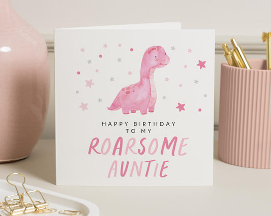 Birthday Card for Auntie, Roarsome Auntie Dinosaur Card, Cute Birthday Card for Her, Personalised Birthday Card, Pink Dinosaur Card