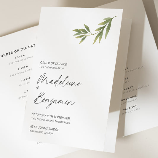 Greenery Order Of Service Booklet, Simple Wedding Ceremony Booklet, Botanical Wedding Program For Guest, Modern Order Of Service 'Madeleine'
