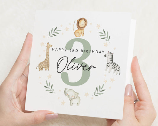 3rd Birthday Card for Boy, Personalised Safari Birthday Card, Birthday Card for Son, 3rd Birthday Card for Girl, Animal Birthday Card
