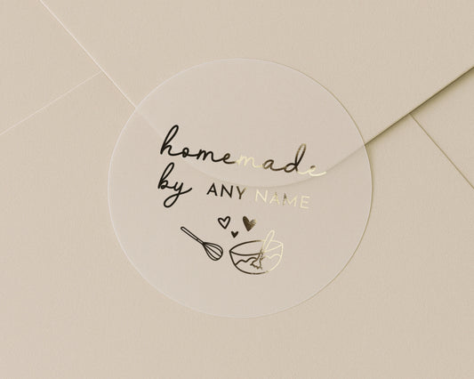 Homemade By Personalised Sticker, Custom Baking Label, Gold Foil Sticker, Homemade Gift Label, Personalised Bakery Sticker