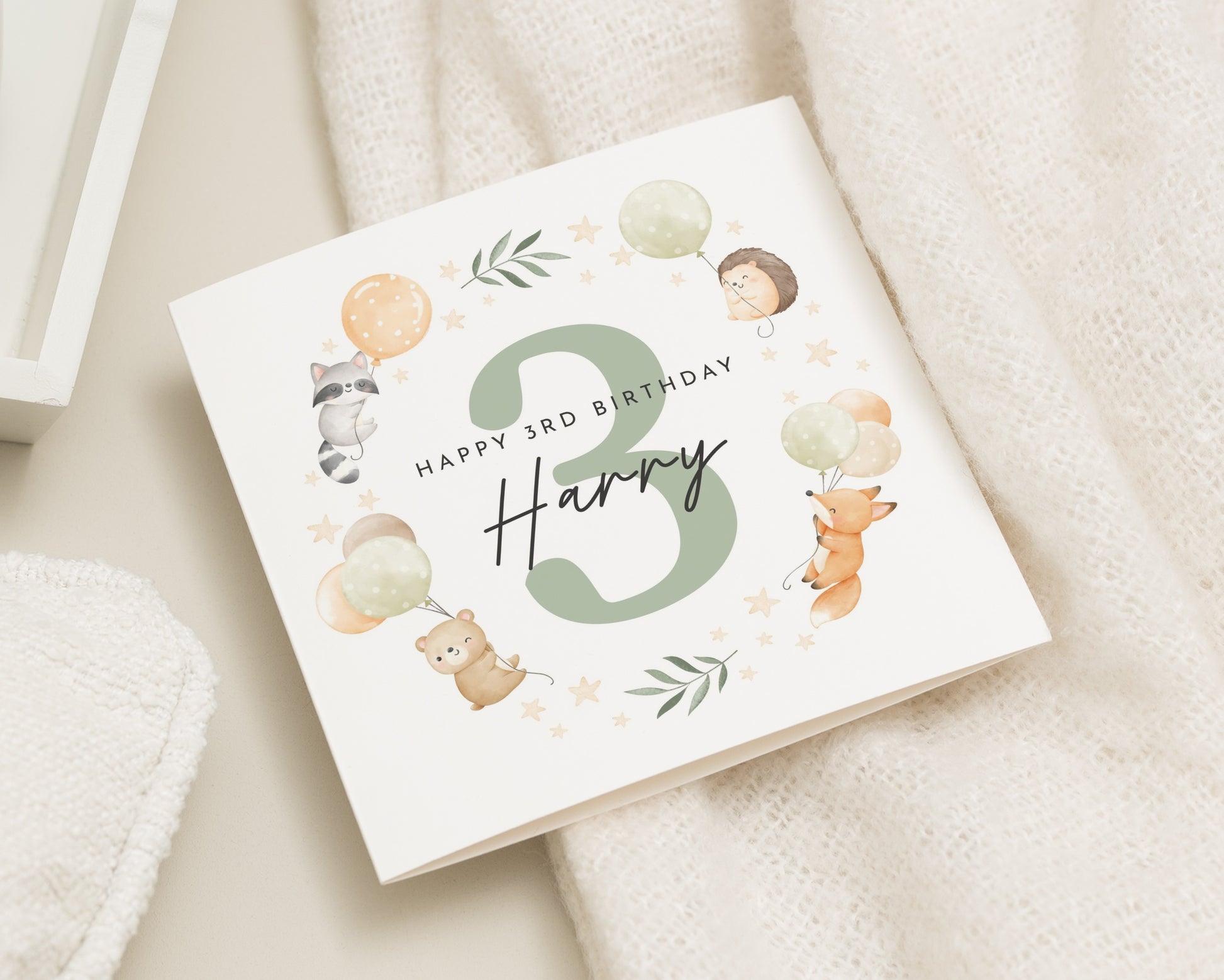 3rd Birthday Card for Boy, Personalised Animal Birthday Card, Cute Birthday Card for Kids, Woodland Birthday Card