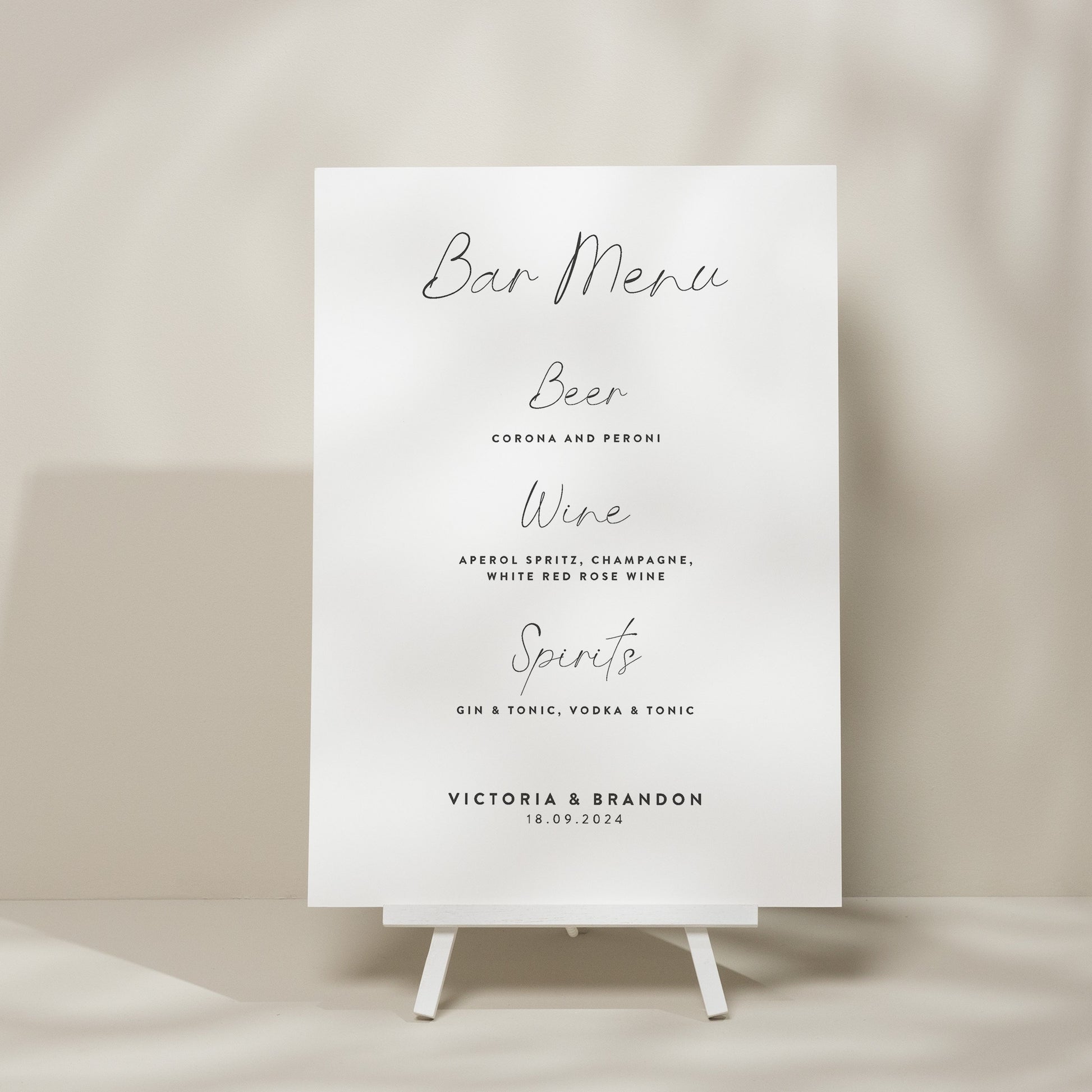 Simple Wedding Bar Menu Sign, Modern Calligraphy Wedding Signage, Minimalistic Drink Menu List Wedding Sign, Elegant Wedding Sign 'Victoria'