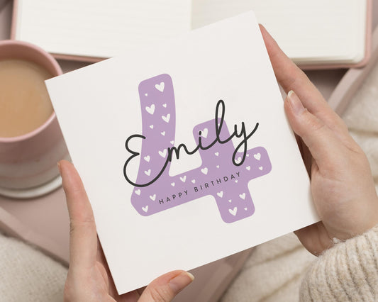 4th Birthday Card for Girl, Personalised Birthday Card, Birthday Card for Daughter, Custom Name Birthday Card, Cute Birthday Card