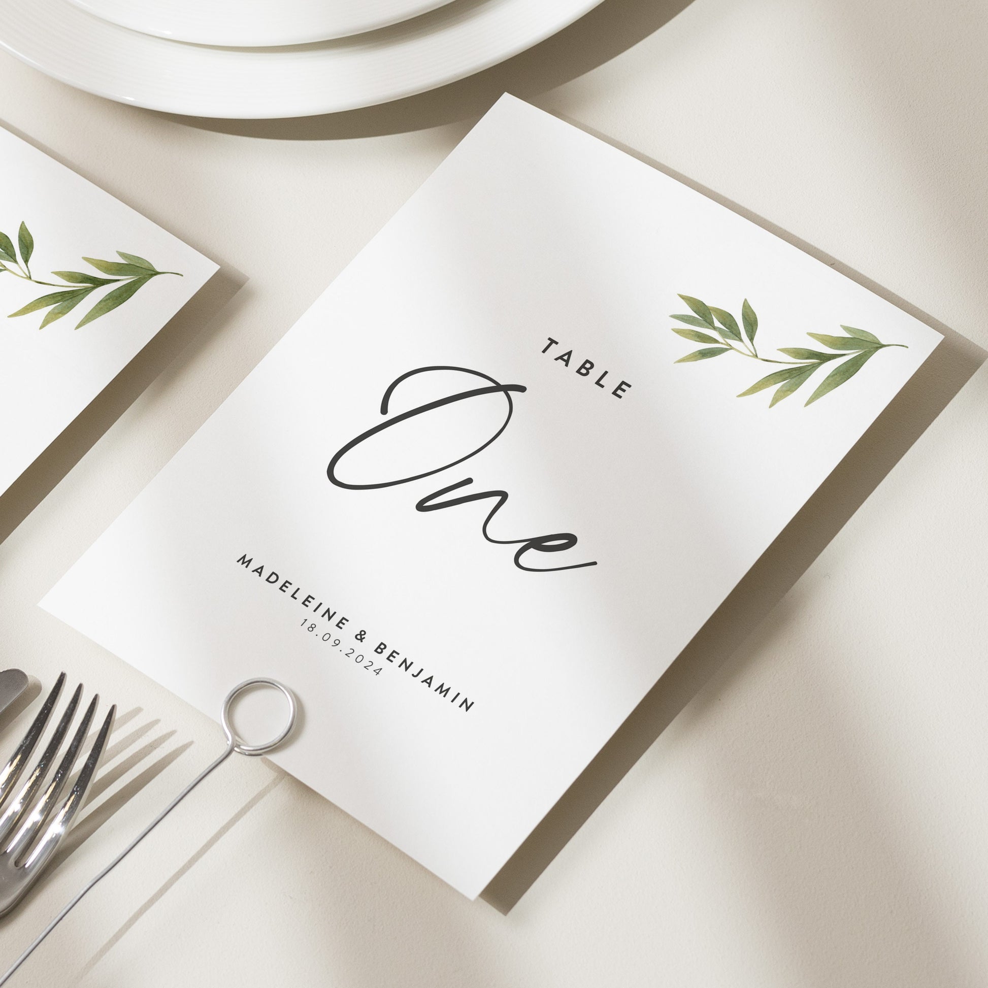 Minimalistic Greenery Wedding Table Names, Green Leaf Table Numbers, Rustic Table Number Cards, Wedding Table Decor 'Madeleine'