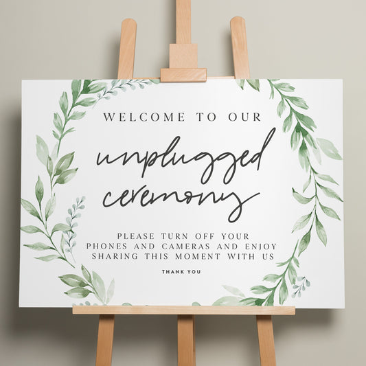 Greenery Wedding Unplugged Ceremony Sign, Minimalist Wedding Sign, Eucalyptus Wedding Sign, Unplugged Wedding, Foliage Design 'Amelia'