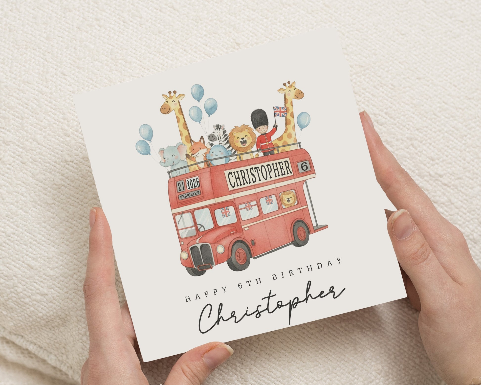 6th Birthday Card for Boy, Personalised Safari Animal Birthday Card, Red Bus Birthday Card, Birthday Card for Son, Cute Kids Birthday Card