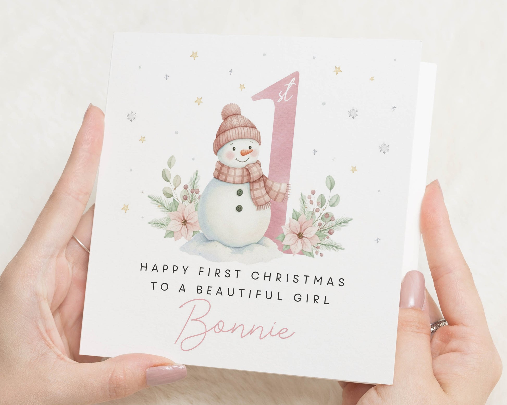 1st Christmas Card for Girl, Personalised First Christmas Card, Baby Girl Christmas Card, Snowman Christmas Card, Custom Name Card