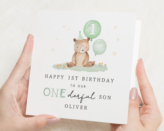 1st Birthday Card for Son, Personalised First Birthday Card, Cute Bear Birthday Card, 1st Birthday Card for Boy, One Year Old Card