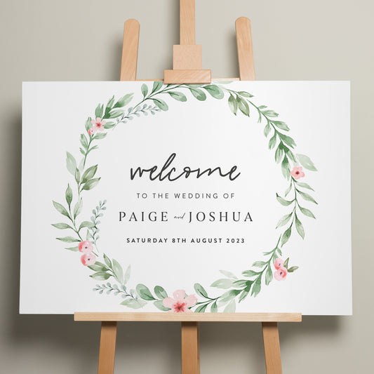 Floral Wedding Welcome Sign, Personalised Flowers Welcome Sign, A1 Wedding Signage, Blush Pink Floral Wedding Decor, A1 Signs 'Paige'