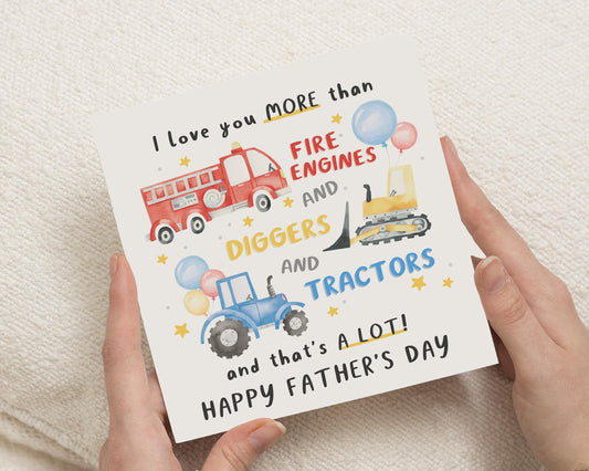 Fathers Day Card from Son, Fire Engine Digger Tractor Card, Fathers Day Card for Dad, Cute Fathers Day Card, Kids Fathers Day Card