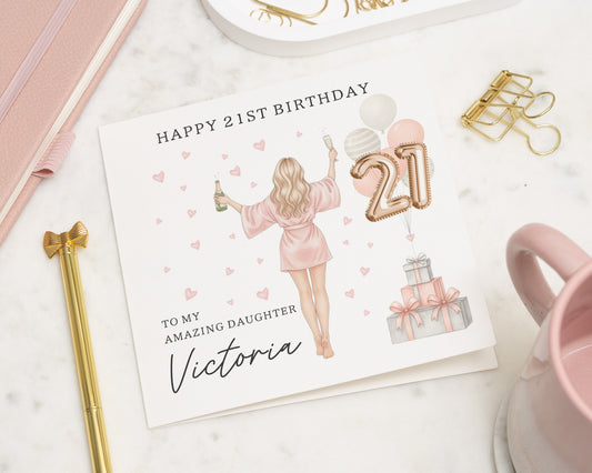 21st Birthday Card for Daughter, Personalised Birthday Card, Birthday Card for Her, Daughter 21st Birthday, Pink Birthday Card