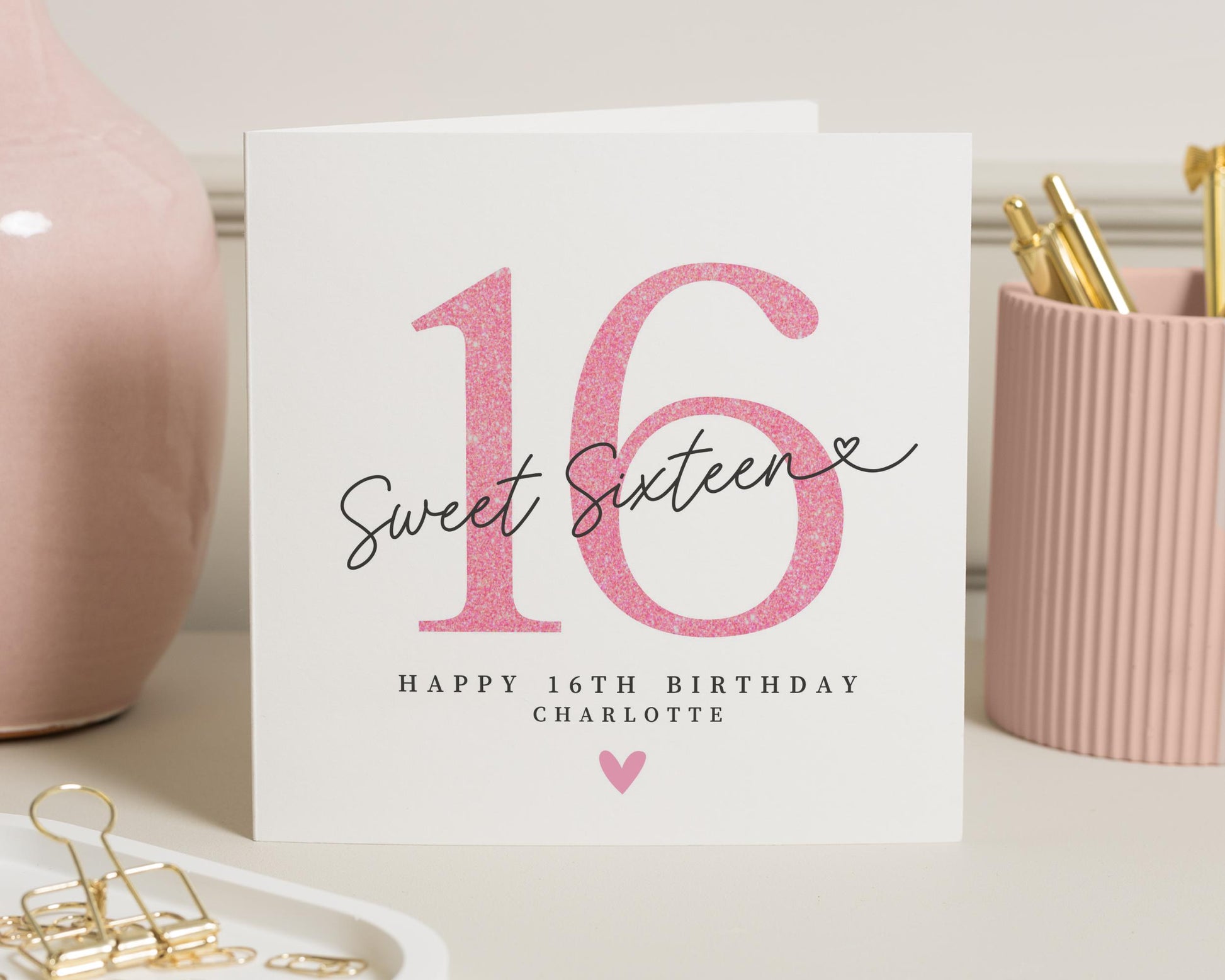 16th Birthday Card, Sweet Sixteen Birthday Card, Personalised Birthday Card for Girl, Birthday Card for Daughter, Pink Glitter Card