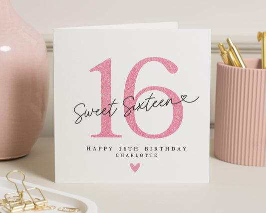 16th Birthday Card, Sweet Sixteen Birthday Card, Personalised Birthday Card for Girl, Birthday Card for Daughter, Pink Glitter Card