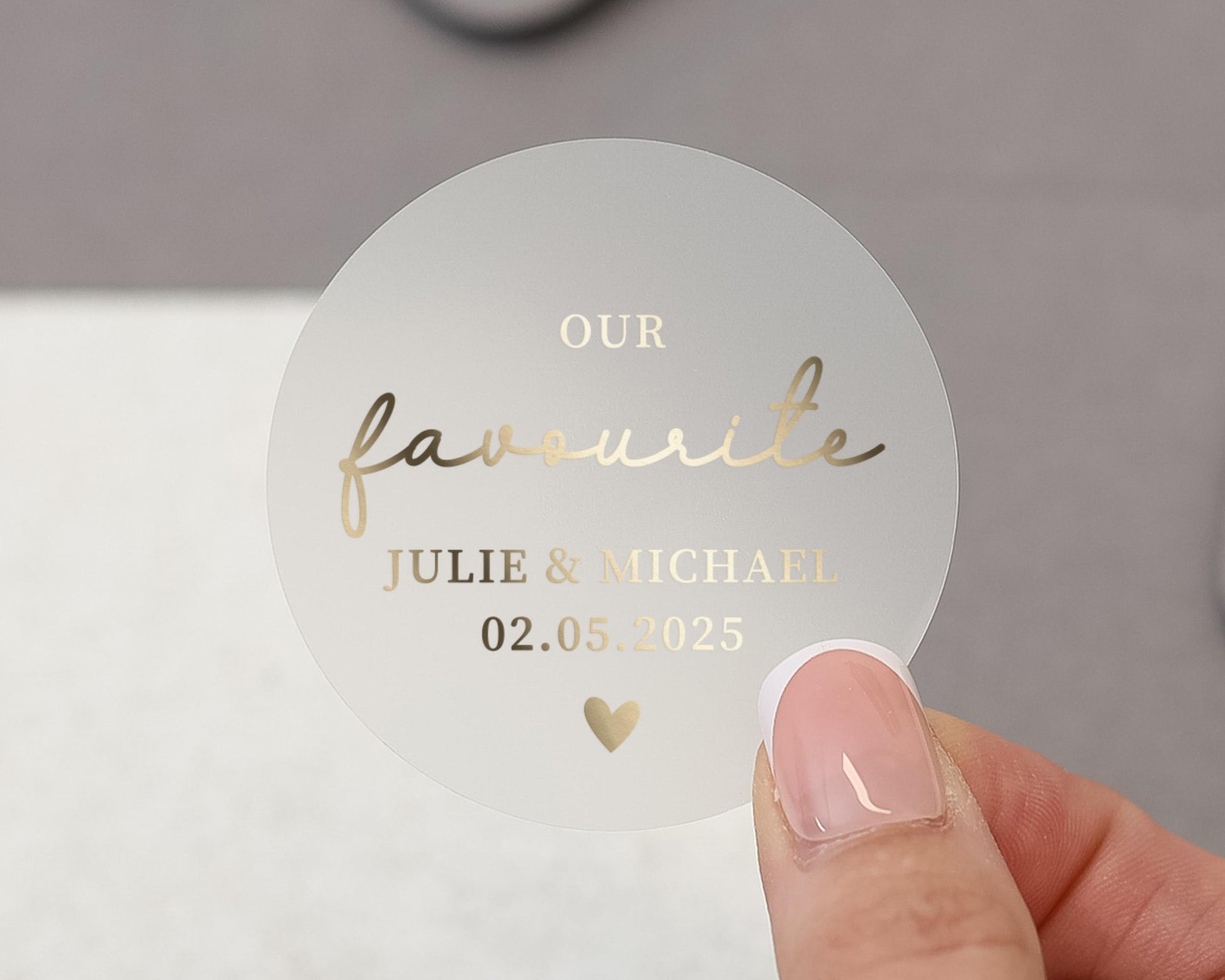 Personalised Wedding Sticker, Gold Foil Favour Sticker, Custom Wedding Label, Our Favourite, Bride and Groom Names, Wedding Date Sticker